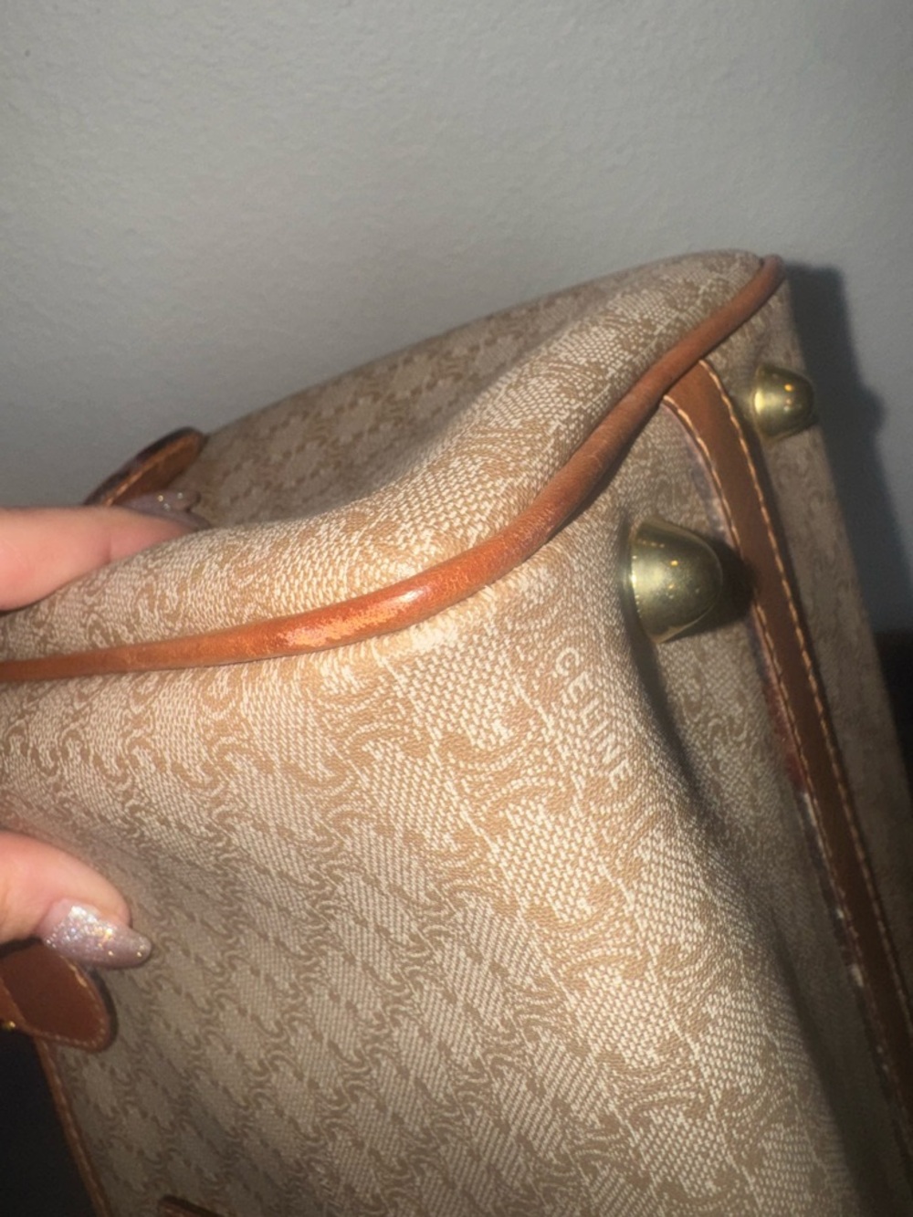 Celine Beige Monogram Macadam Boston Bag with Tan Leather Trim - Picture 9 of 16
